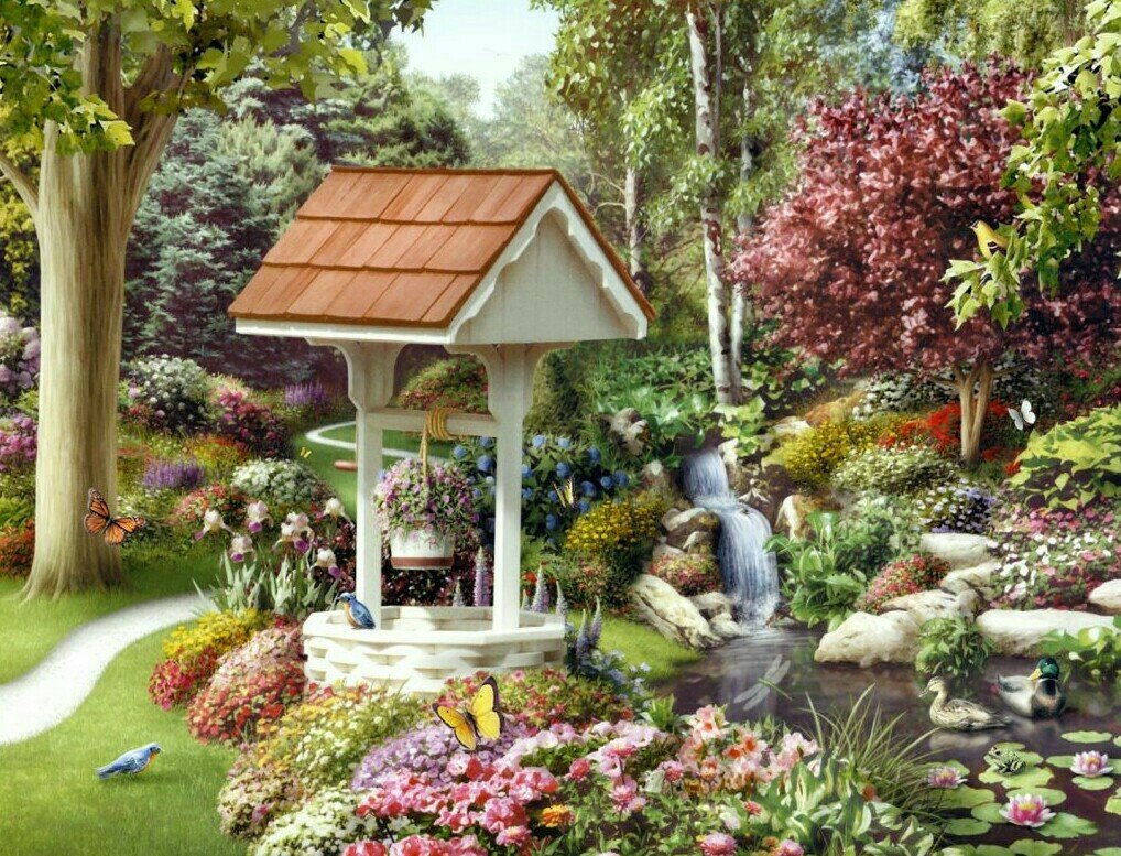 Пейзаж - лето, цветы, пруд, бабочки, природа, пейзаж - оригинал