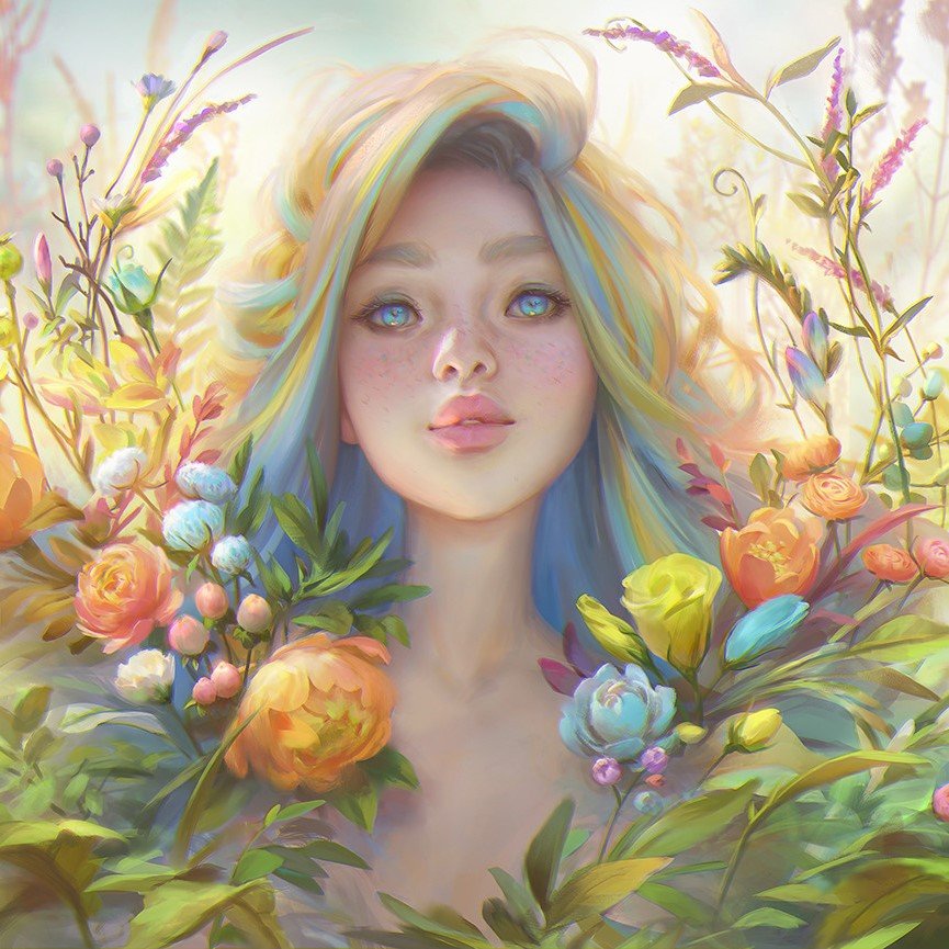 Девушка в цветах - цветы, девушка, портрет, рисунок - оригинал