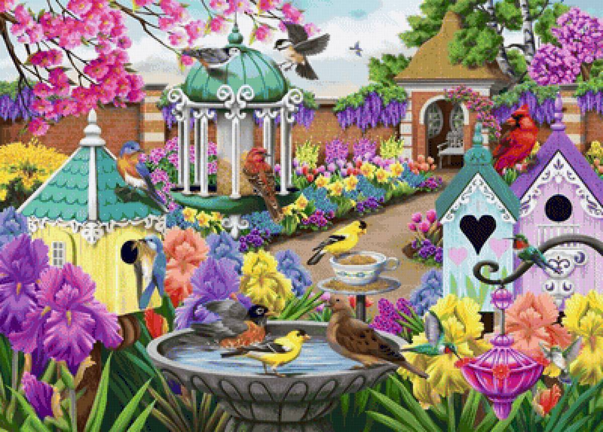 Птички - сад, птицы, птички, природа, весна, цветы, рисунок - предпросмотр