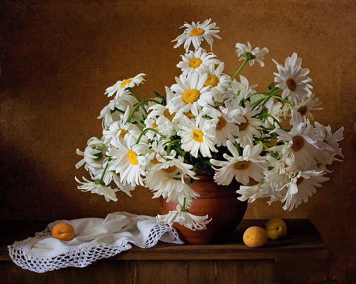Натюрморт - ромашки, абрикосы, натюрморт, цветы, фрукты, букет - оригинал