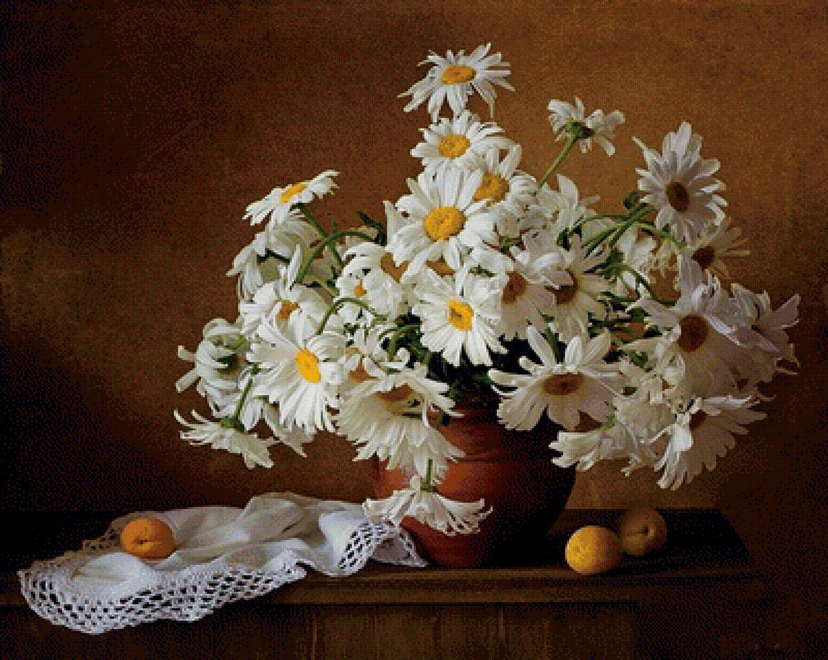 Натюрморт - букет, цветы, натюрморт, абрикосы, ромашки, фрукты - предпросмотр