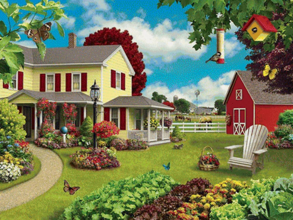 Пейзаж - бабочки, цветы, птицы, пейзаж, домик, дом, лошади, лето - предпросмотр