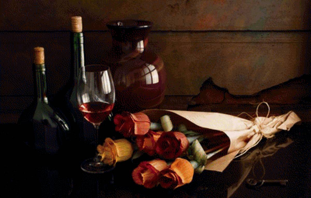 Натюрморт - бокал, вино, цветы, розы, натюрморт, букет - предпросмотр