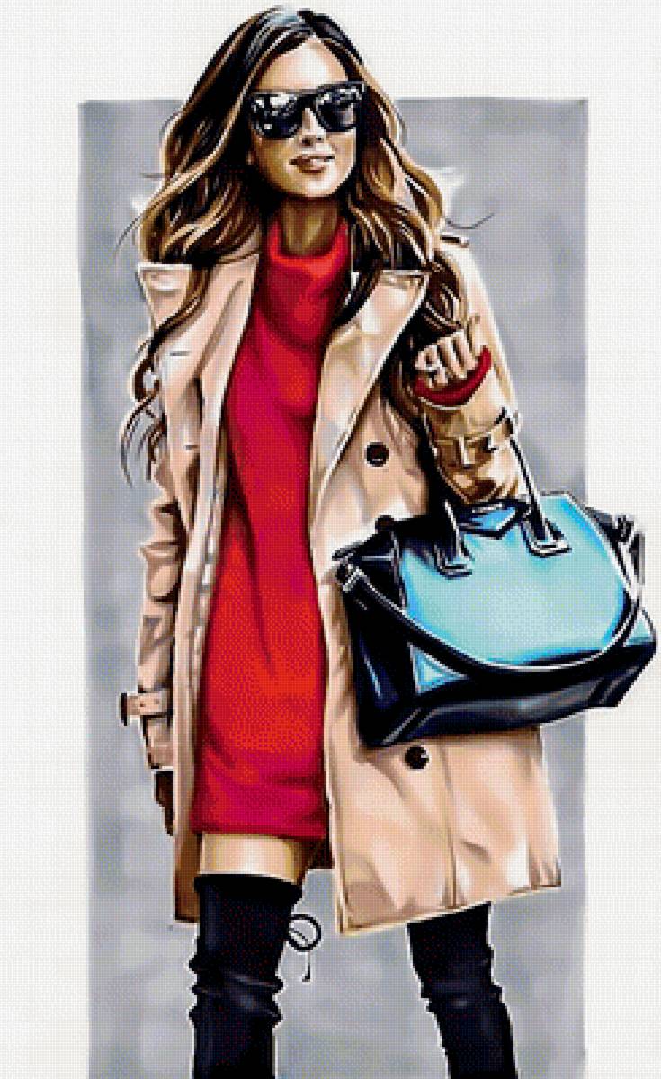 Модница - девушка сумочка очки пальто образ - предпросмотр