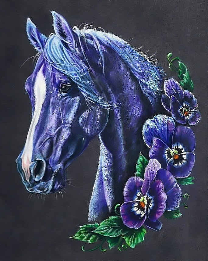 Чернильный конь в цветах - конь анютины глазки - оригинал