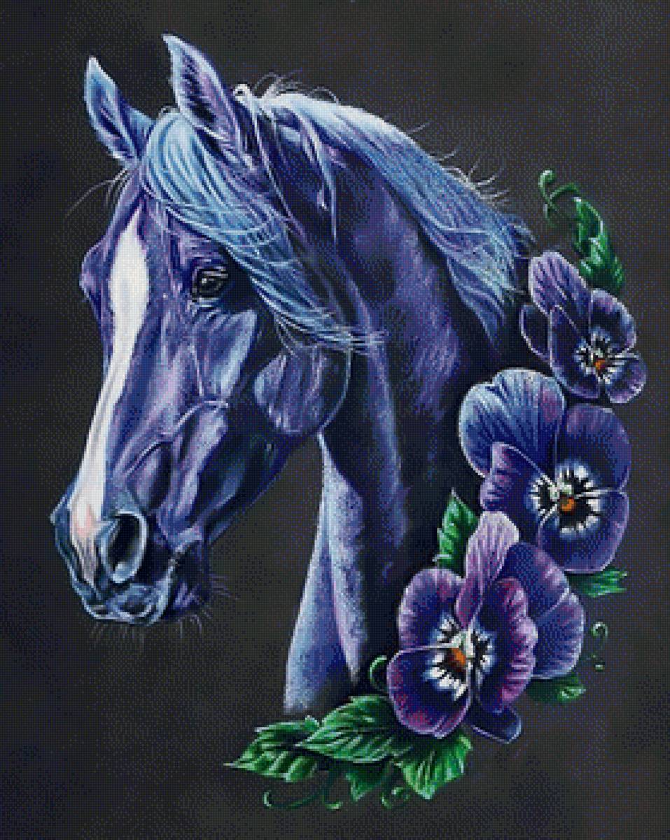 Чернильный конь в цветах - конь анютины глазки - предпросмотр