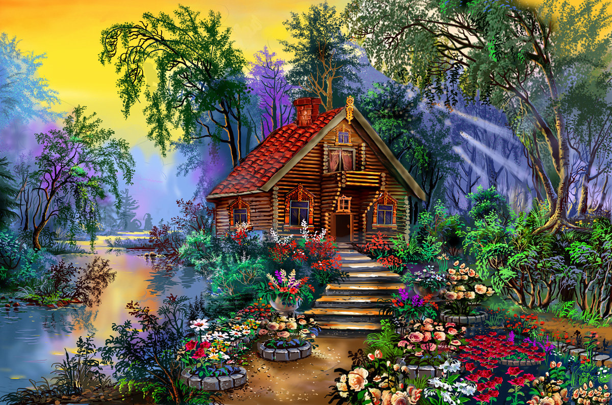 Домик в лесу - природа, домик, лес, ручей, цветы, дом, лето, пейзаж - оригинал
