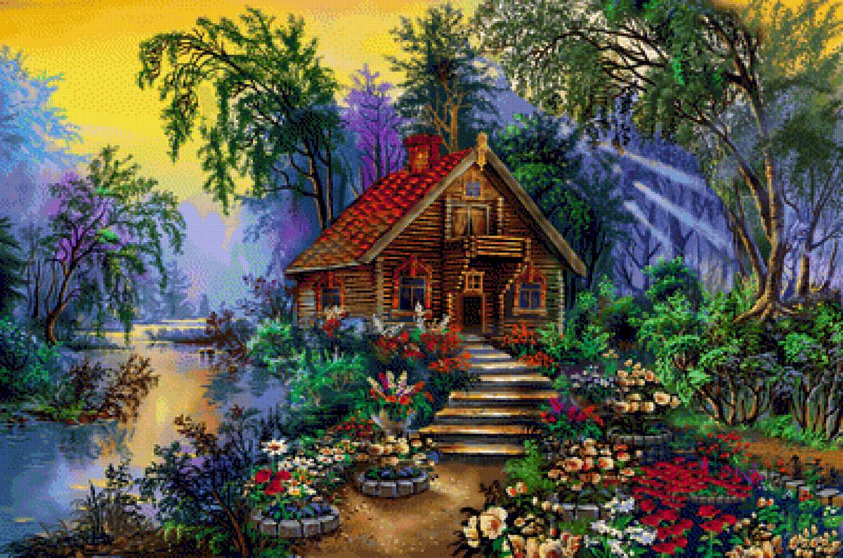 Домик в лесу - природа, ручей, цветы, лес, домик, лето, дом, пейзаж - предпросмотр