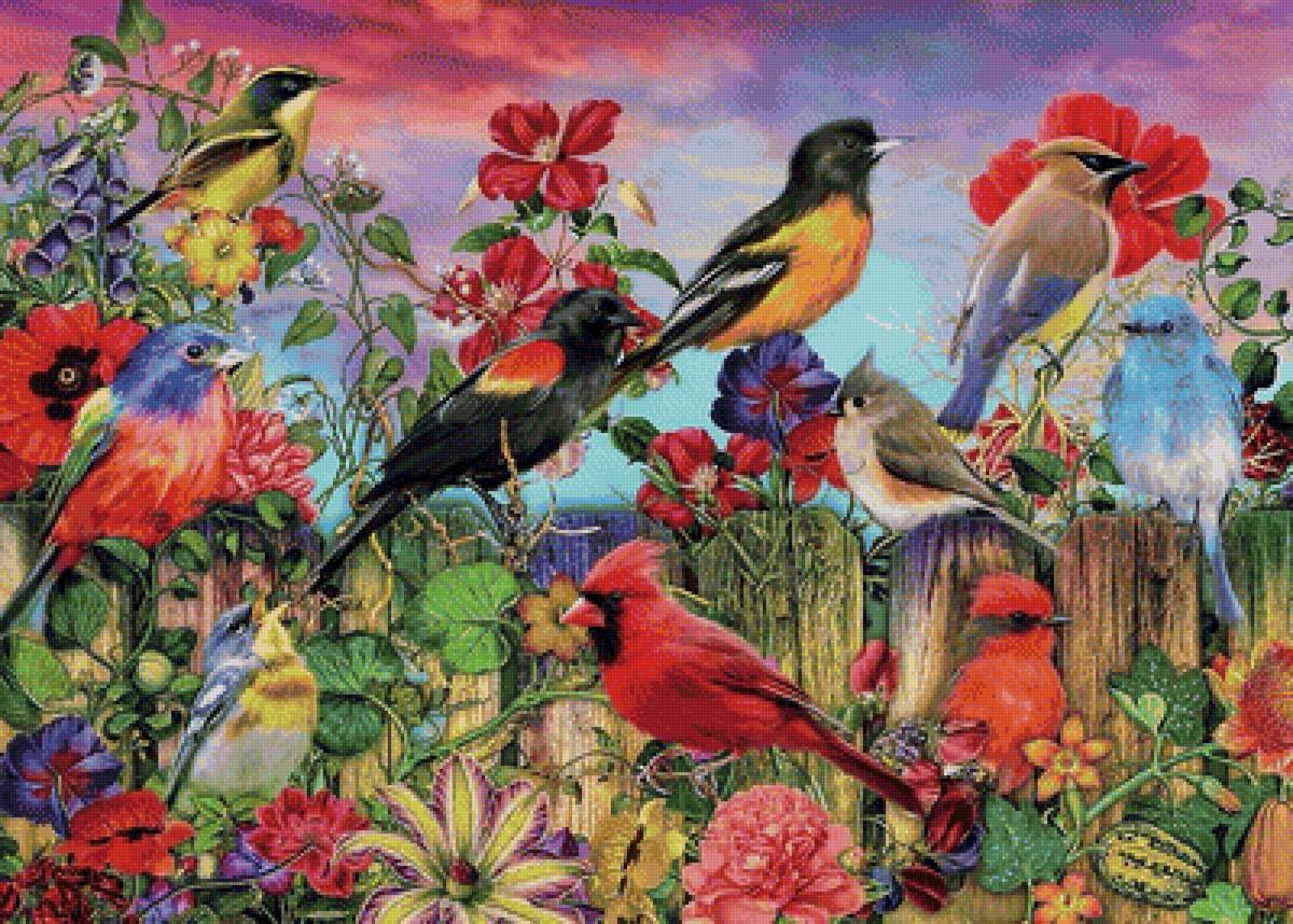 Яркие птички - рисунок, птички, природа, птицы, цветы - предпросмотр