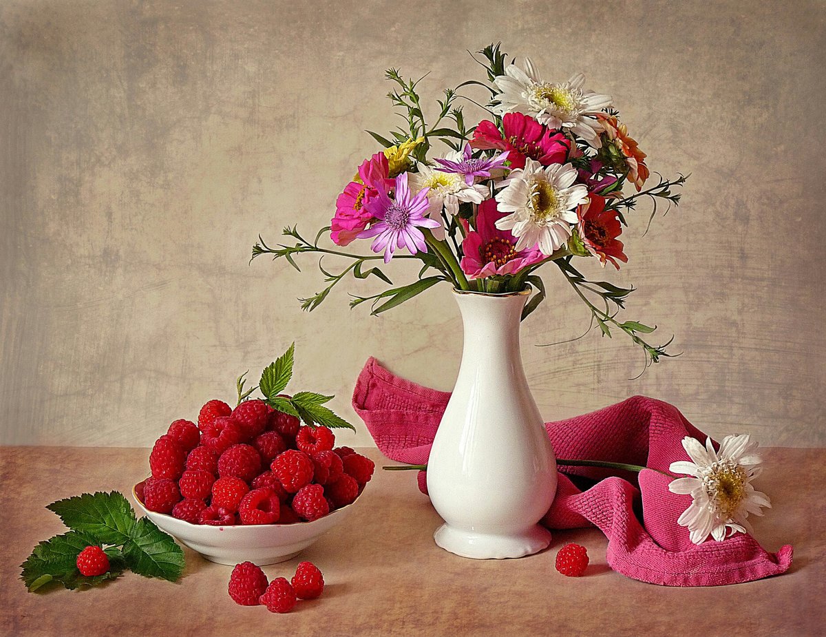 Натюрморт - цветы, натюрморт, ягоды, букет, малина - оригинал