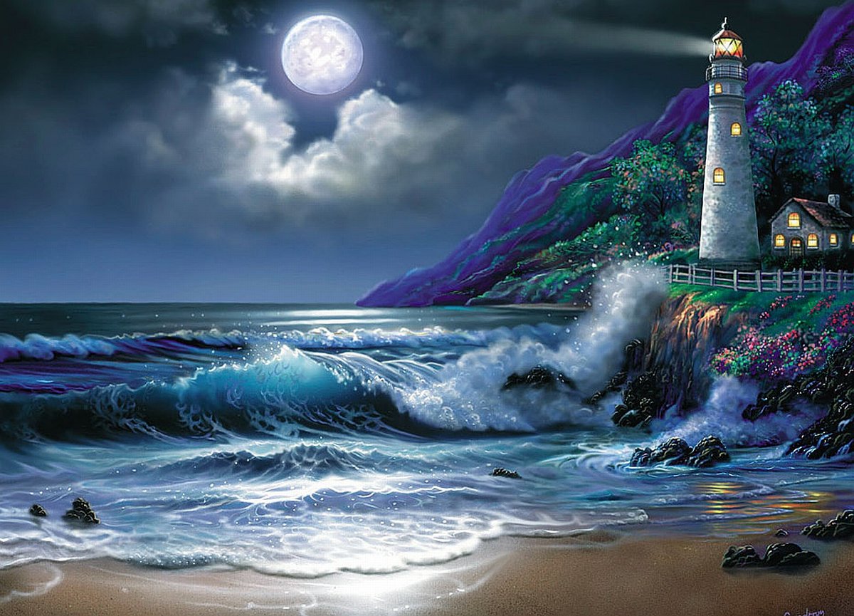 Ночной маяк - море, ночь, маяк, прибой - оригинал
