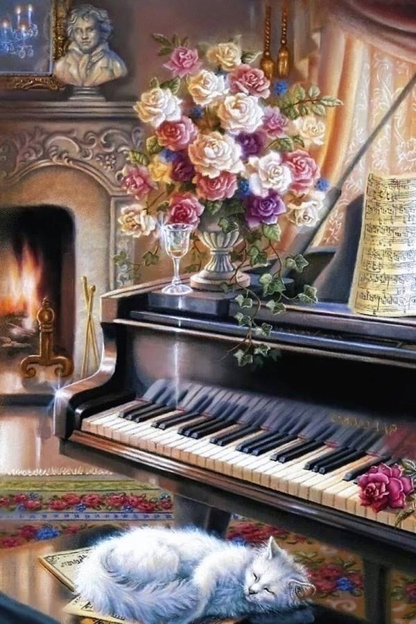 №1921069 - цветы, рояль, фортепиано, кот - оригинал