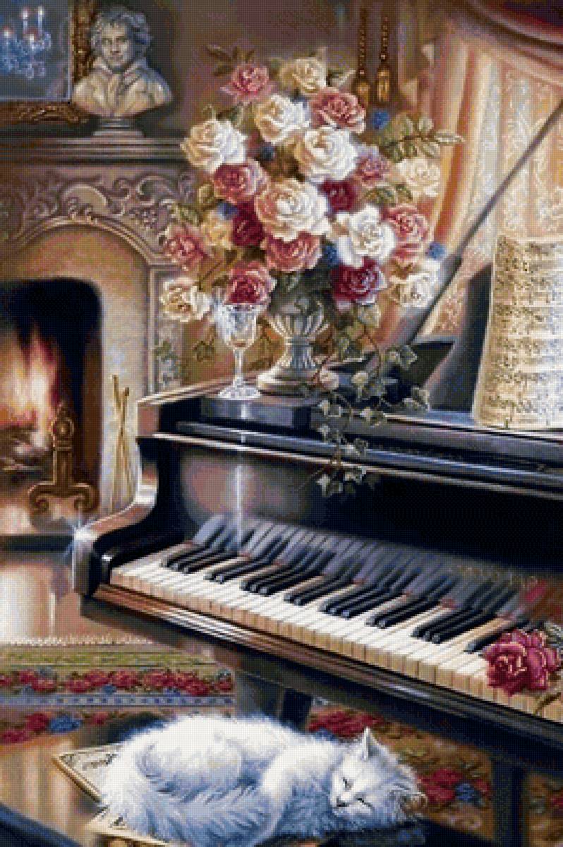 №1921069 - цветы, рояль, фортепиано, кот - предпросмотр