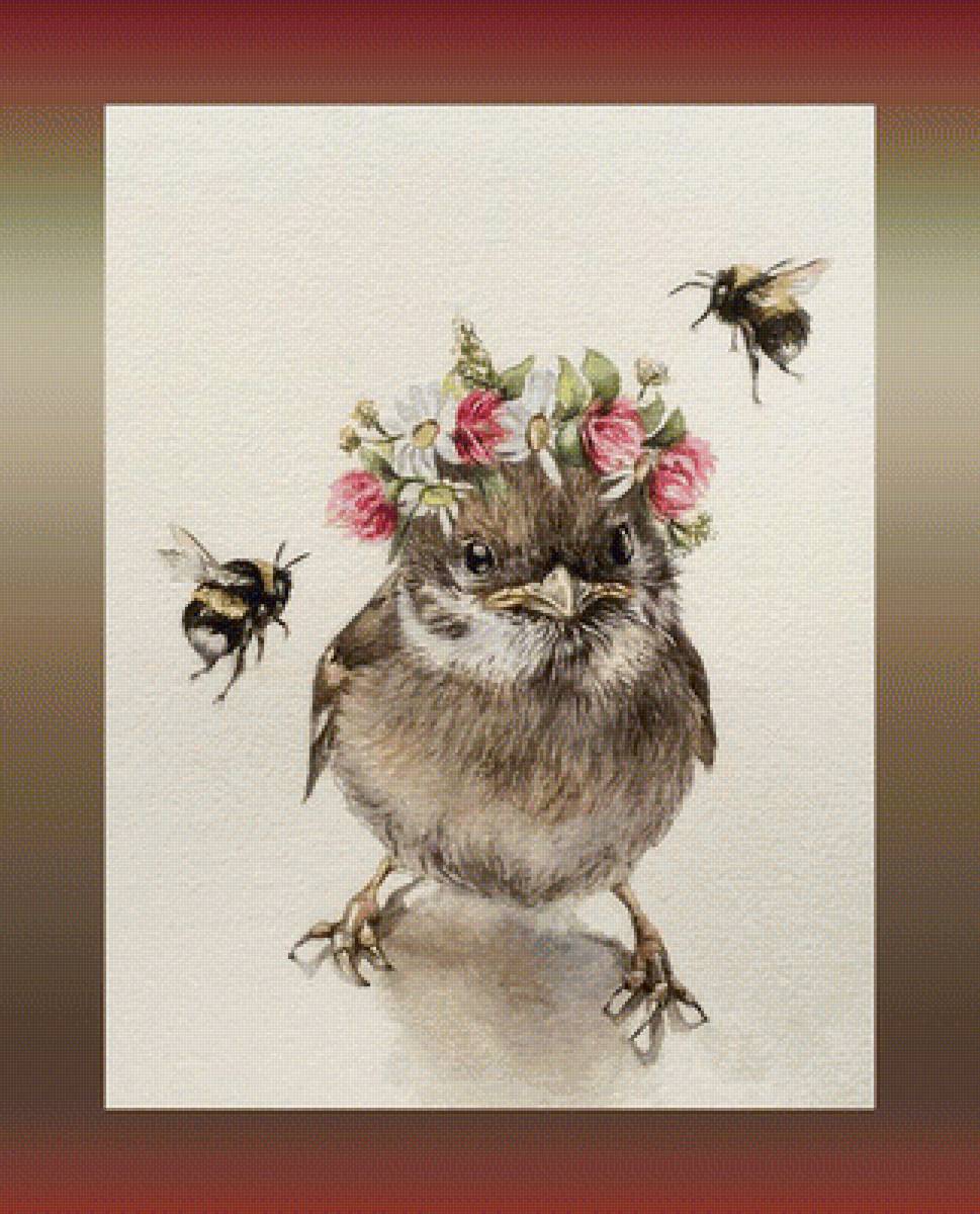 Нарядный воробей - воробей цветочный венок пчелы картина - предпросмотр