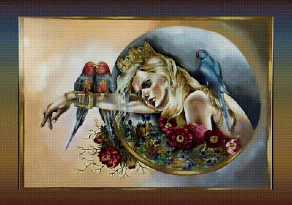 Дама с попугаями - девушка попугаи картина - предпросмотр