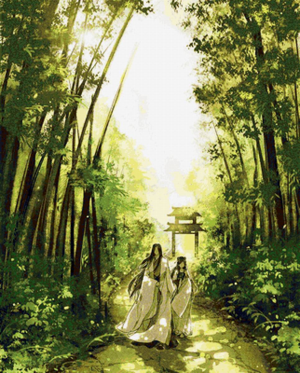 Японский пейзаж - япония, прогулка, влюбленные, лес, бамбук - предпросмотр