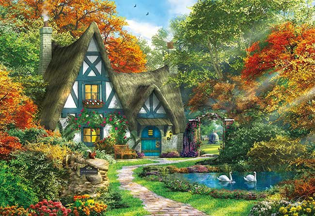 Домик - домик, осень, лебеди, дом, пейзаж, пруд, природа - оригинал