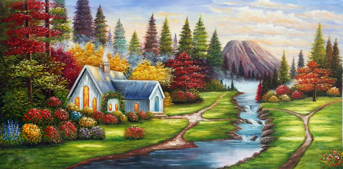 Домик у реки - лес, река, дом, горы - оригинал