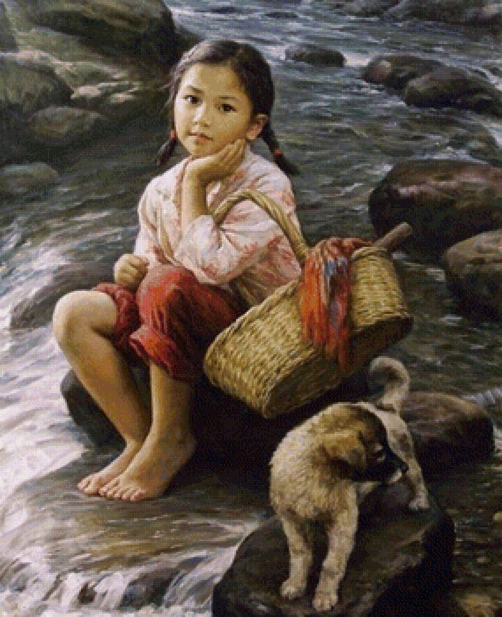 Девочка и щенок - девочка река щенок корзина - предпросмотр