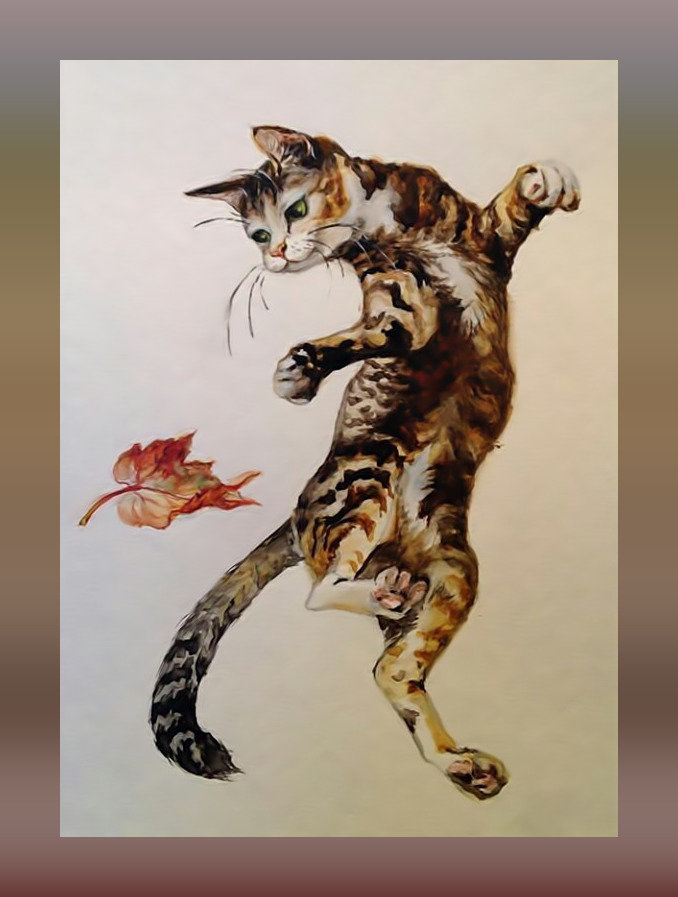 Кот и лист - кот игра осенний лист - оригинал