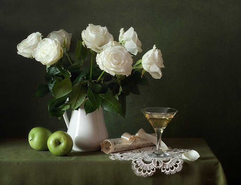 Белые розы - цветы, розы, фрукты, яблоки, ноты, натюрморт, букет - оригинал