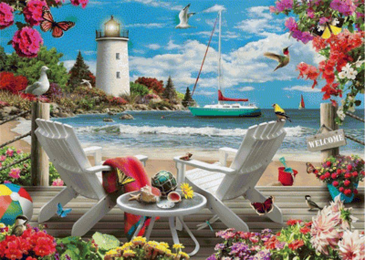 Морской пейзаж - пейзаж, яхта, маяк, природа, цветы, море, птички, пляж, лето - предпросмотр