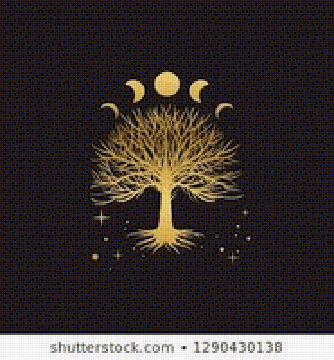 Древо - черный фон, один, дерево, беж, золото - предпросмотр