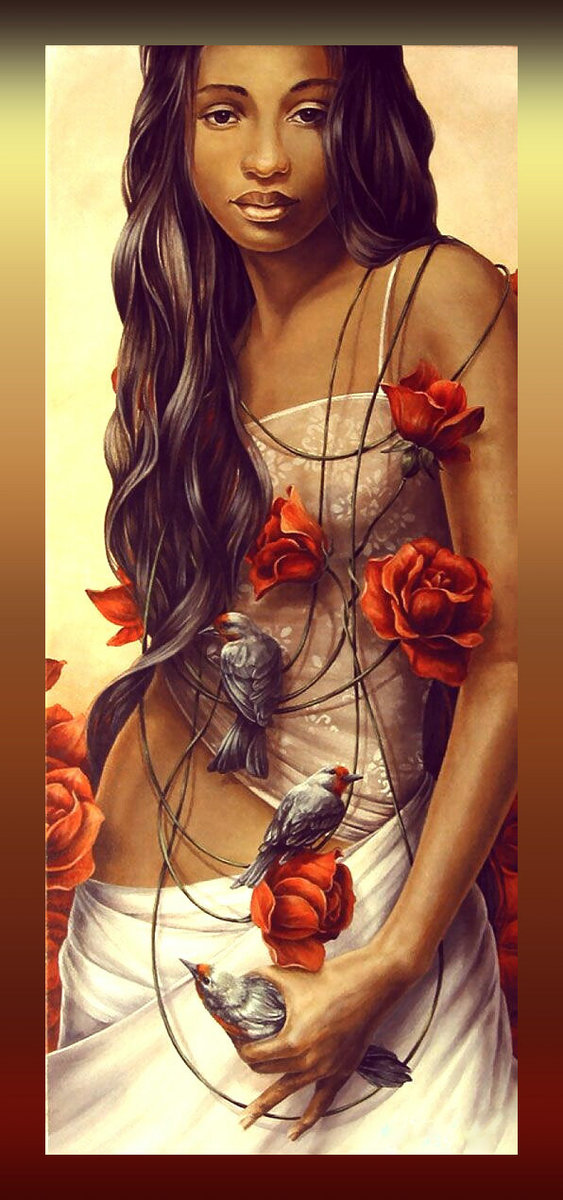 Девушка с розами и птицами - девушка птицы красные розы - оригинал