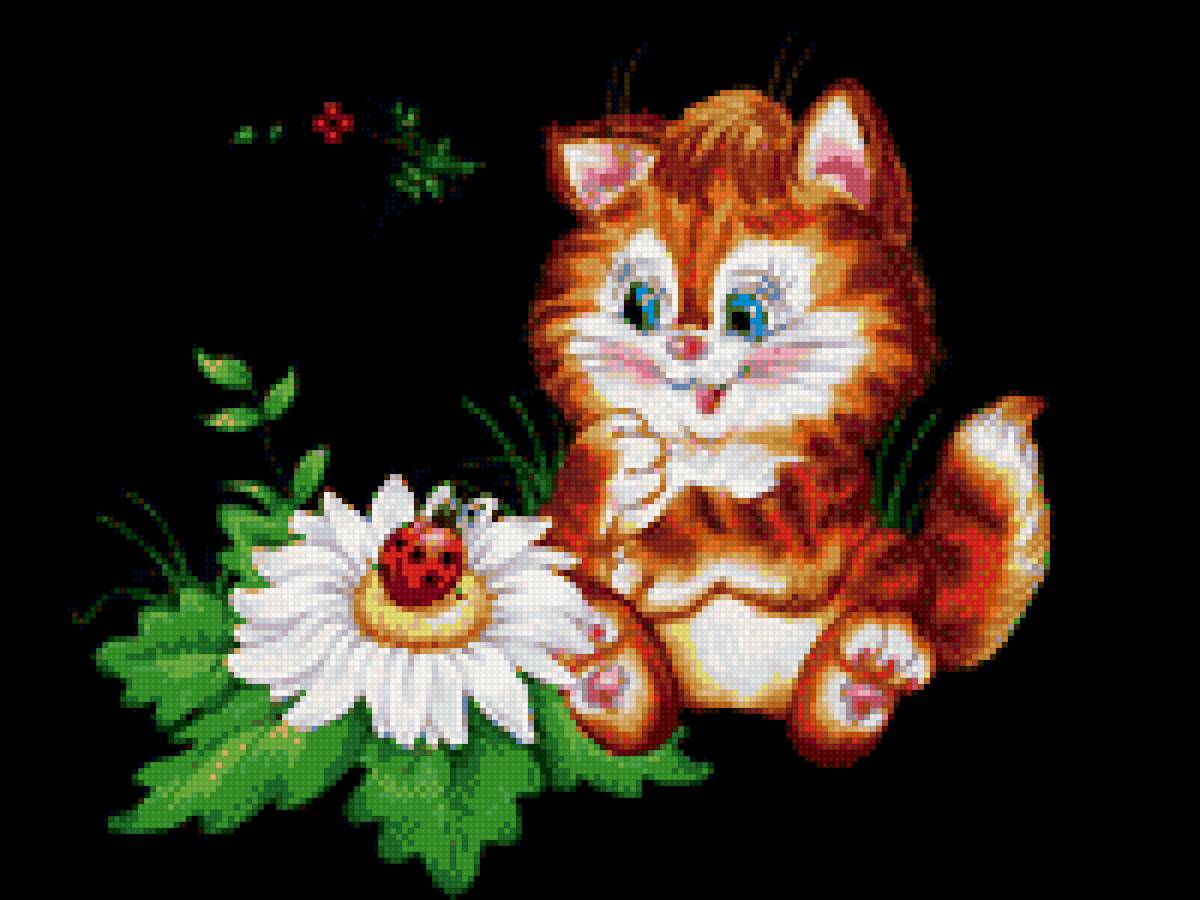 котенок и божья коровка - котенок, цветок, божья коровка, хорошее настроение - предпросмотр