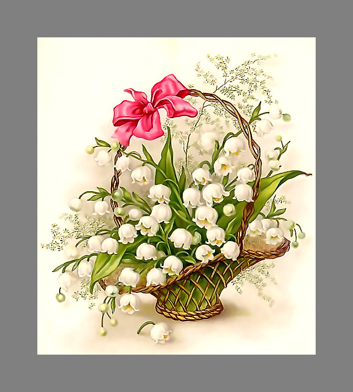 Серия "Винтаж". Ландыши - флора, ландыши, корзинка, цветы, букет - оригинал