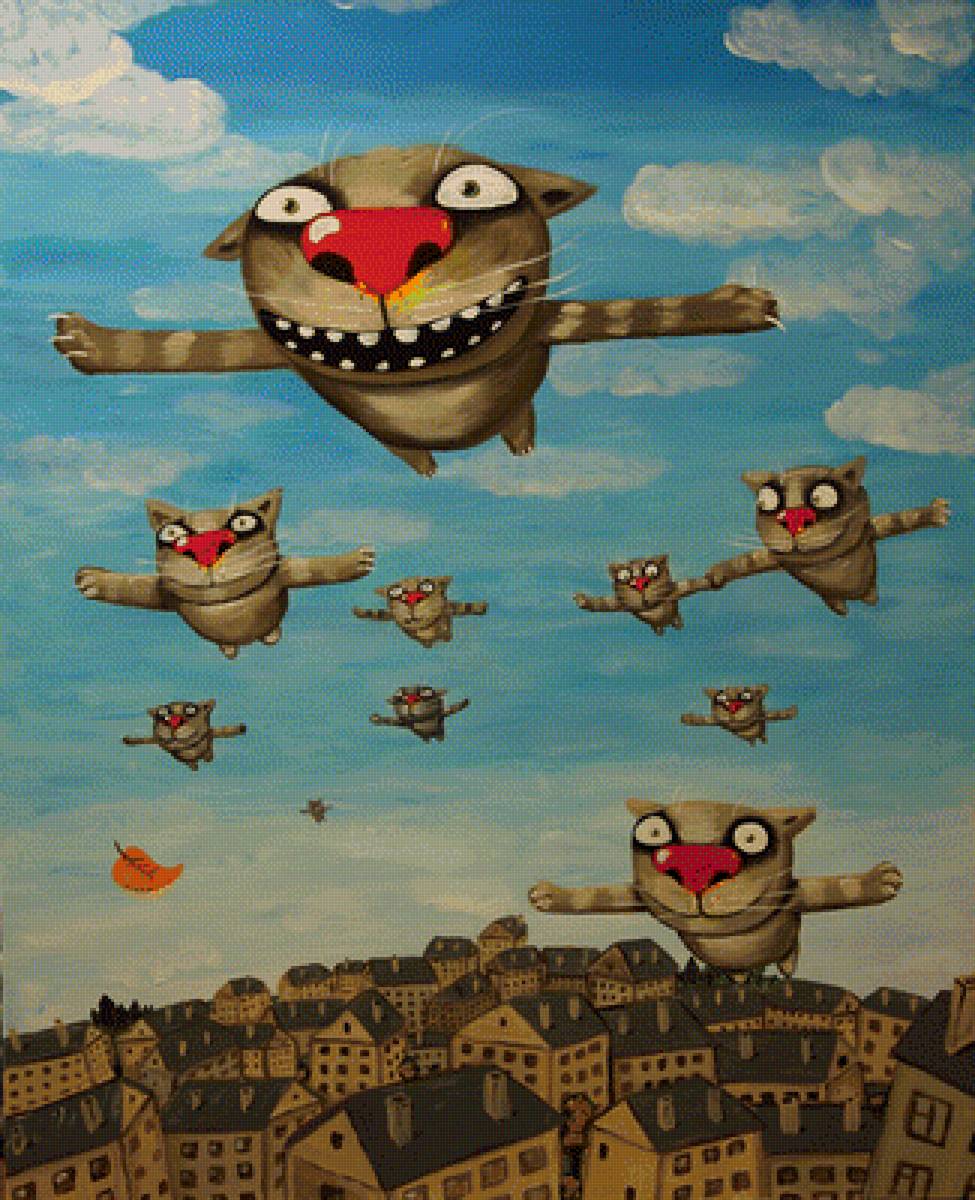 Коты полетели - картина, ложкин, котики, осень - предпросмотр