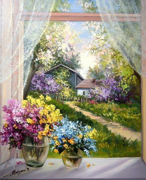 Gardens behind the window. - anca bulgaru paintings.flowers and gardens. - оригинал