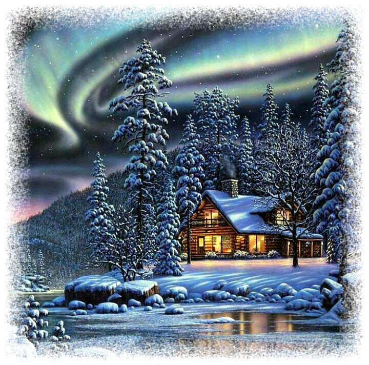 Северное сияние - зима снег северное сияние ночь домик - оригинал