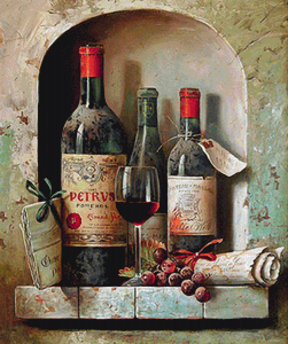 Натюрморт с вином и виноградом - вино, бутылки - предпросмотр