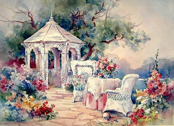 Garden Patio. - barbara mock paintings.flowers and gardens. - оригинал