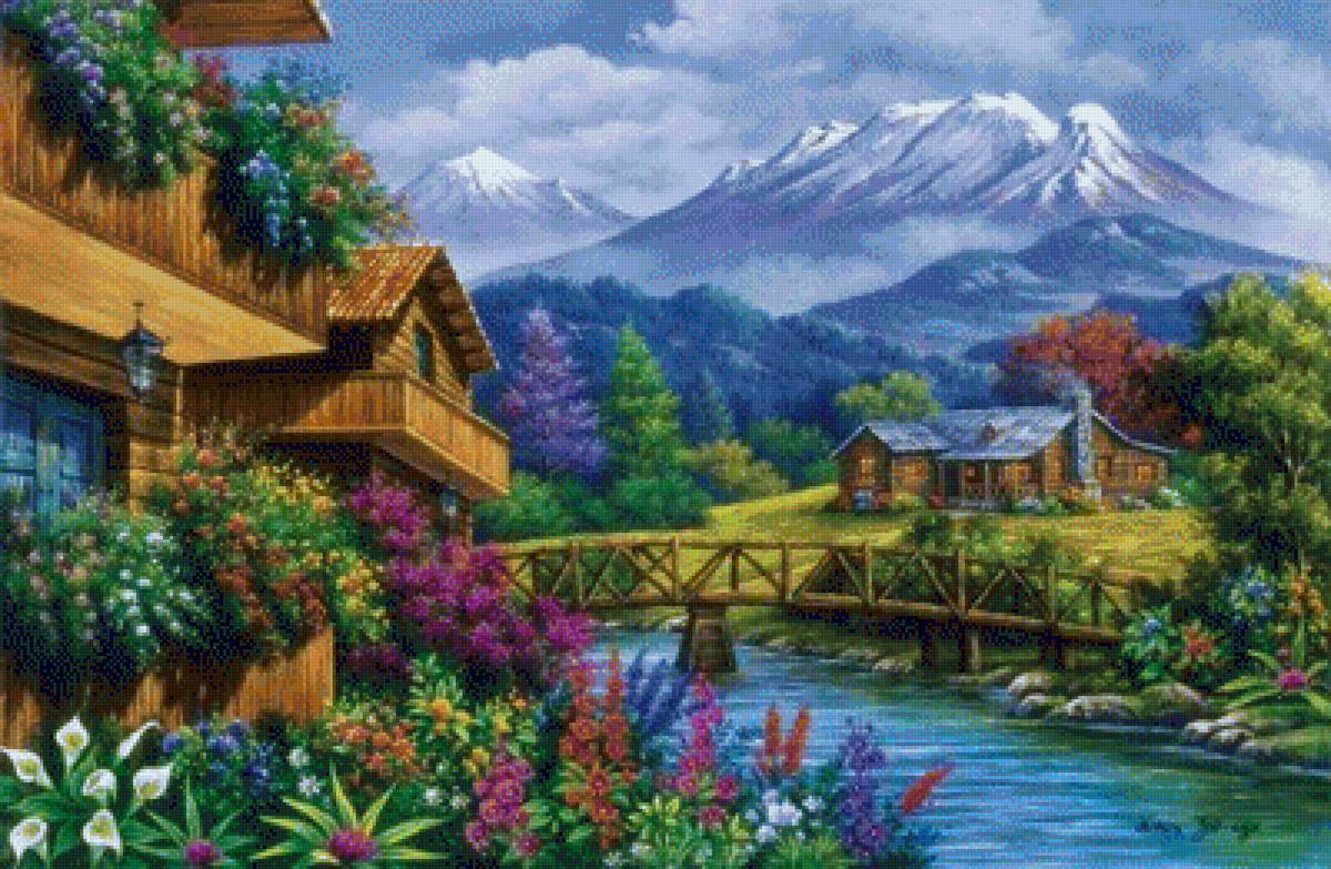 Mountains Overlooking Chalets Log Cabin Stream and Bridge. - arturo zárraga painter.landscapes. - предпросмотр