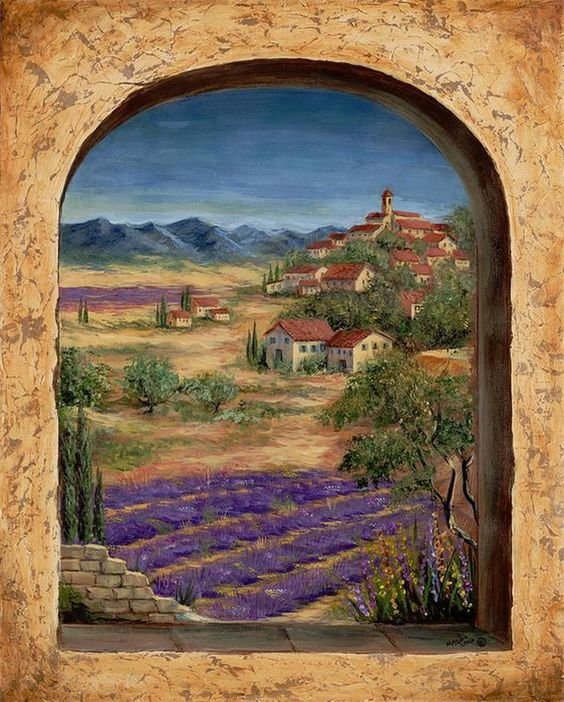 Fields of Lavender through the Window. - marilyn dunlap art.landscapes.flowers and gardens. - оригинал