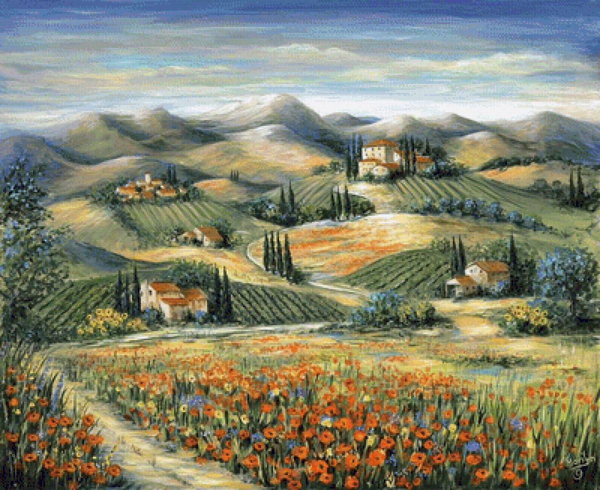 Tuscan Villa and Poppies. - marilyn dunlap art.landscape.flowers and gardens. - предпросмотр