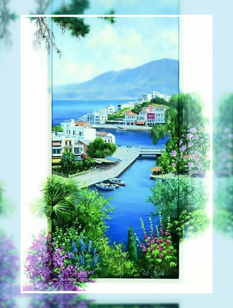 Пейзаж 3 - пейзаж приморский городок море горы небо причал лодки домики цве - оригинал