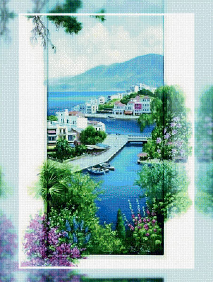 Пейзаж 3 - пейзаж приморский городок море горы небо причал лодки домики цве - предпросмотр