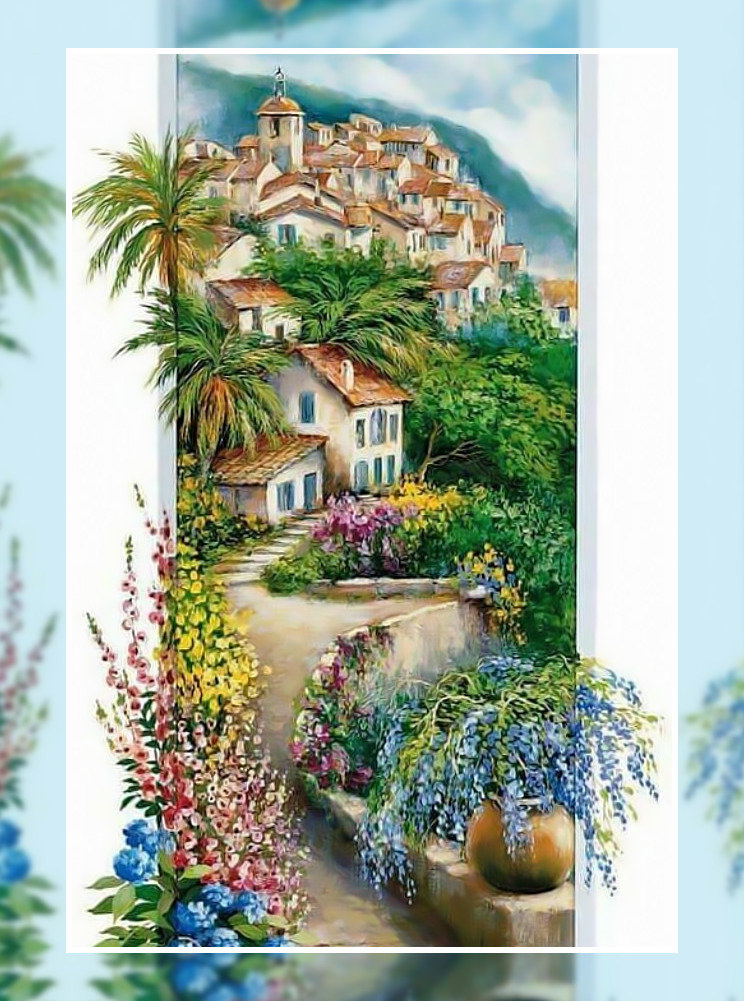 Пейзаж 4 - пейзаж горы улица домики юг лето цветы зелень - оригинал