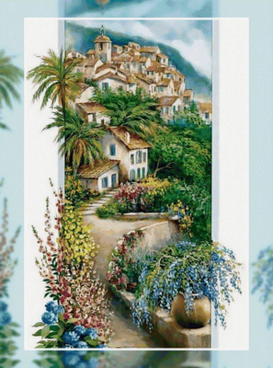 Пейзаж 4 - пейзаж горы улица домики юг лето цветы зелень - предпросмотр