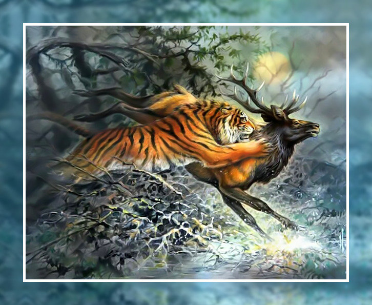 Охота тигра - тигр олень охота бег прыжок природа - оригинал
