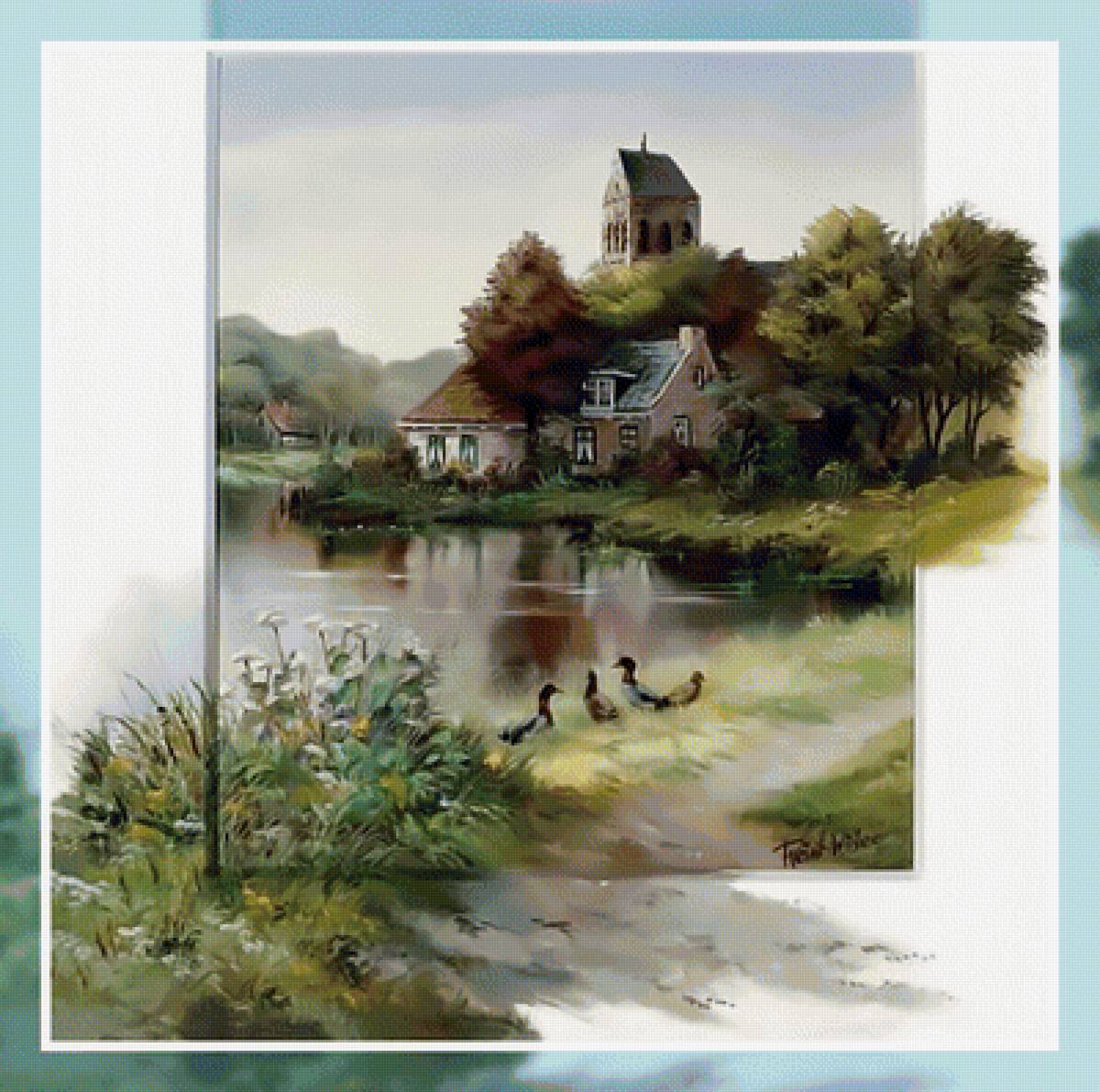 Домик у озера - домик озеро утки пейзаж - предпросмотр