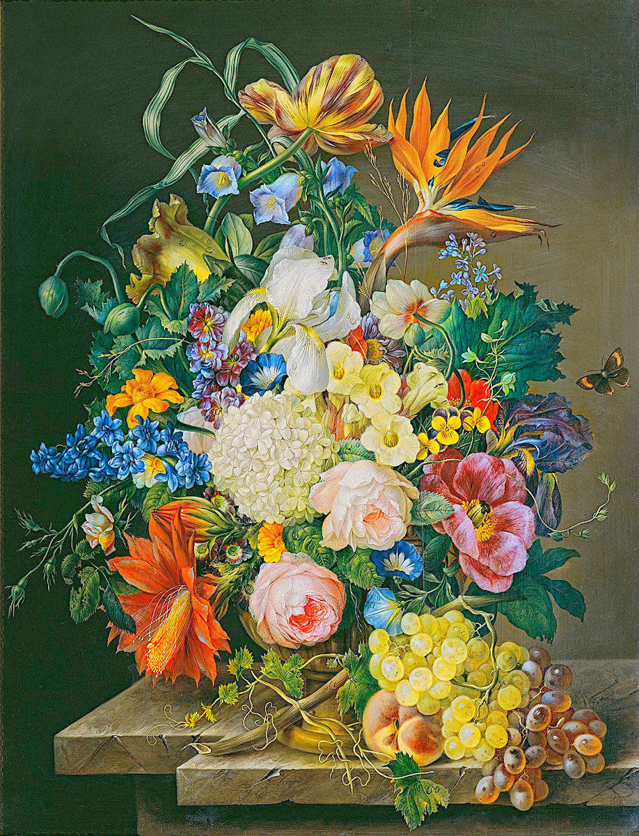 Натюрморт - цветы в вазе, цветы, фрукты - оригинал