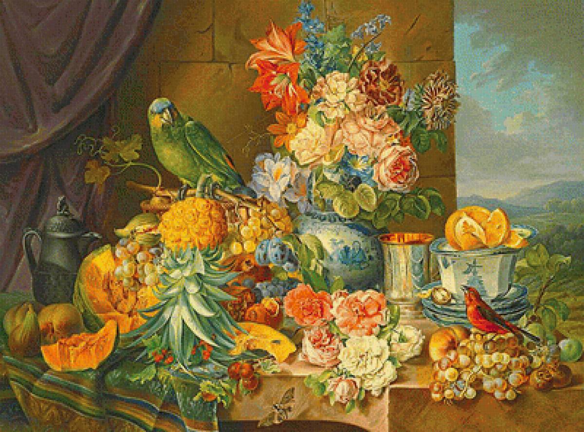 Натюрморт - цветы в вазе, птицы, фрукты, цветы, попугай - предпросмотр