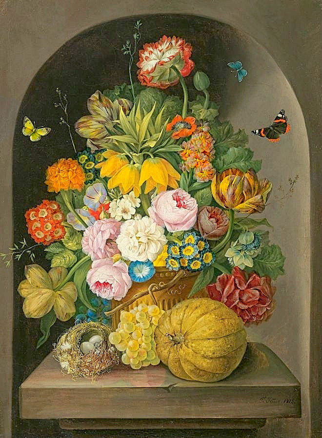 Натюрморт - цветы, бабочки, фрукты - оригинал