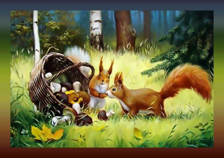 Лесная жизнь - белки лес природа корзина грибы - оригинал