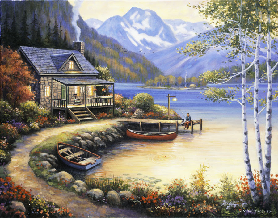 Fishing At The Lake. - john zaccheo paintings.scenarys.people.animals. - оригинал