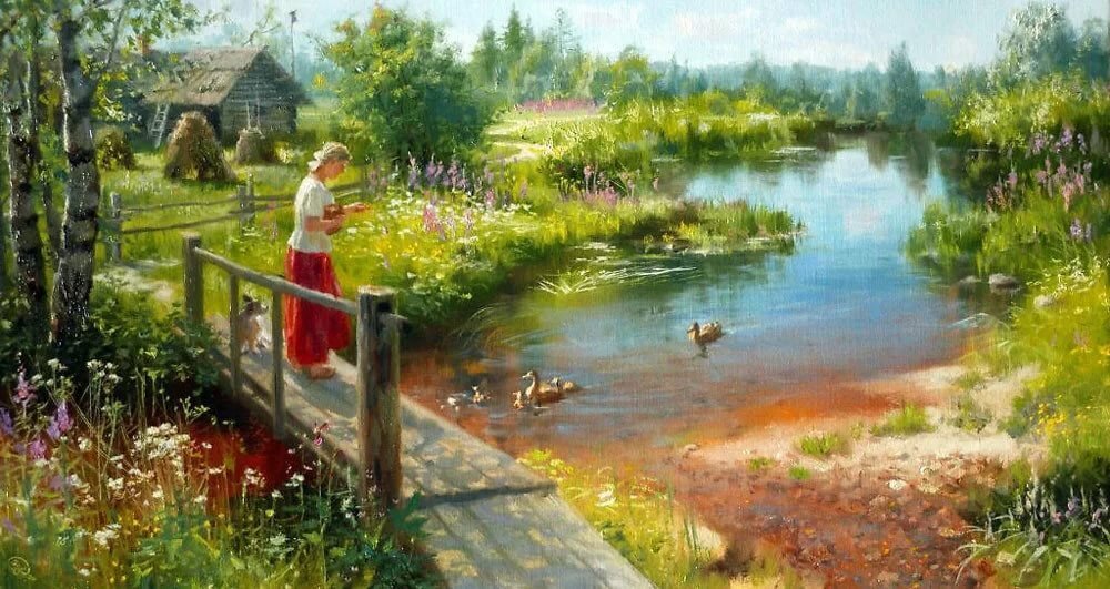 кормлю уток - пруд, птицы, лето, пейзаж - оригинал